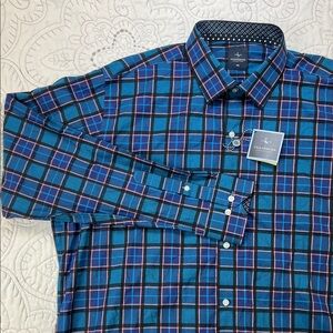 Tailorbyrd NWT Long Sleeve Button Down Teal Plaid Shirt - Men’s Top XXL